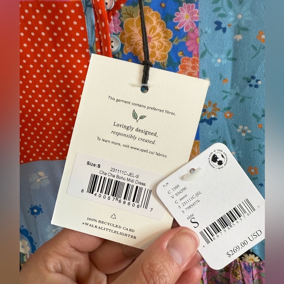 NWT SPELL Cha Cha Boho Patchwork Print Peasant Midi Dress in Multi Sz Small - Picture 6 of 16